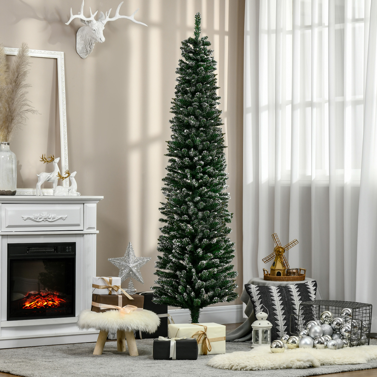 6.5FT Artificial Snow Dipped Christmas Tree Pencil Foldable Black Stand Green