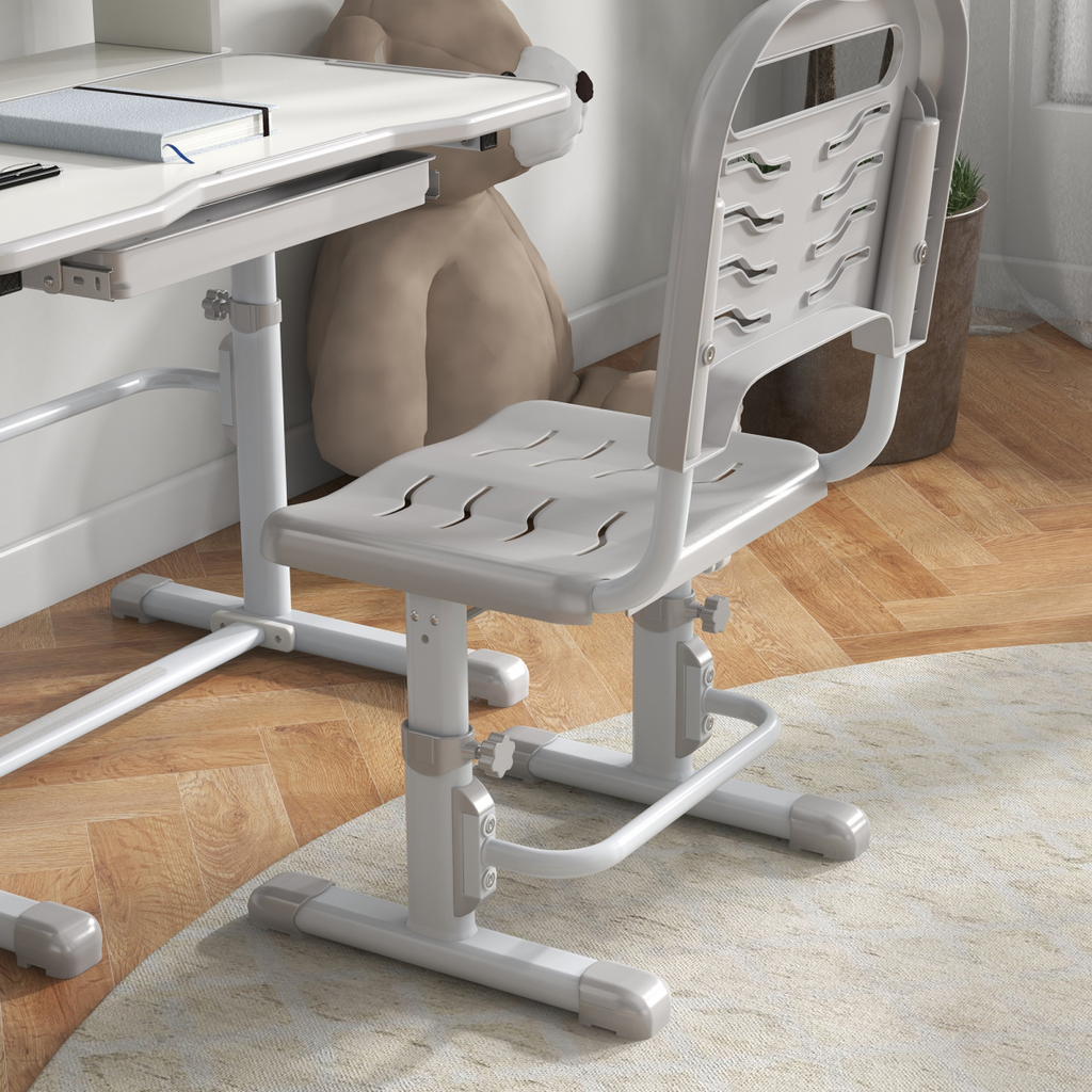 ZONEKIZ Height Adjustable Kids Desk and Chair Set, with Drawer, Bookshelf, Grey