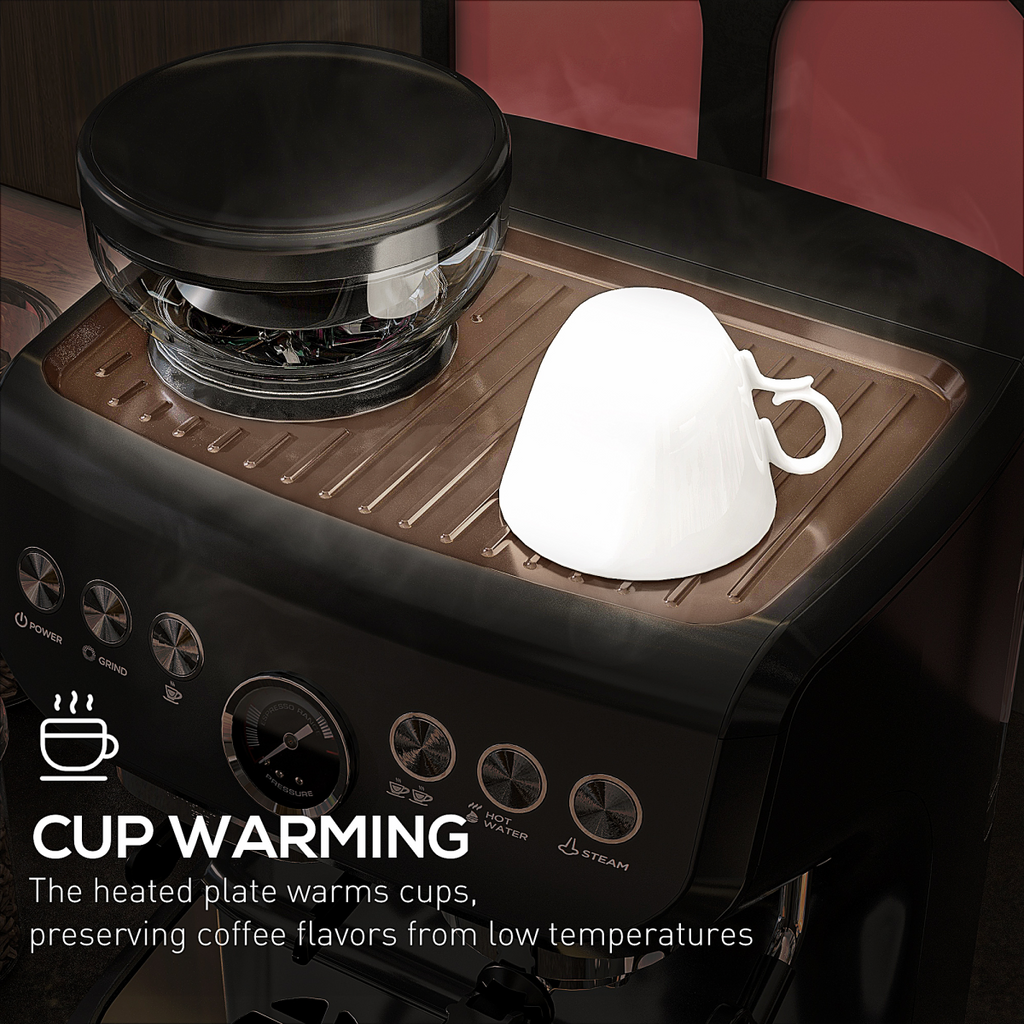 Espresso Coffee Machine with Integrated Bean Grinder & Steam Wand 15 Bar Pressure