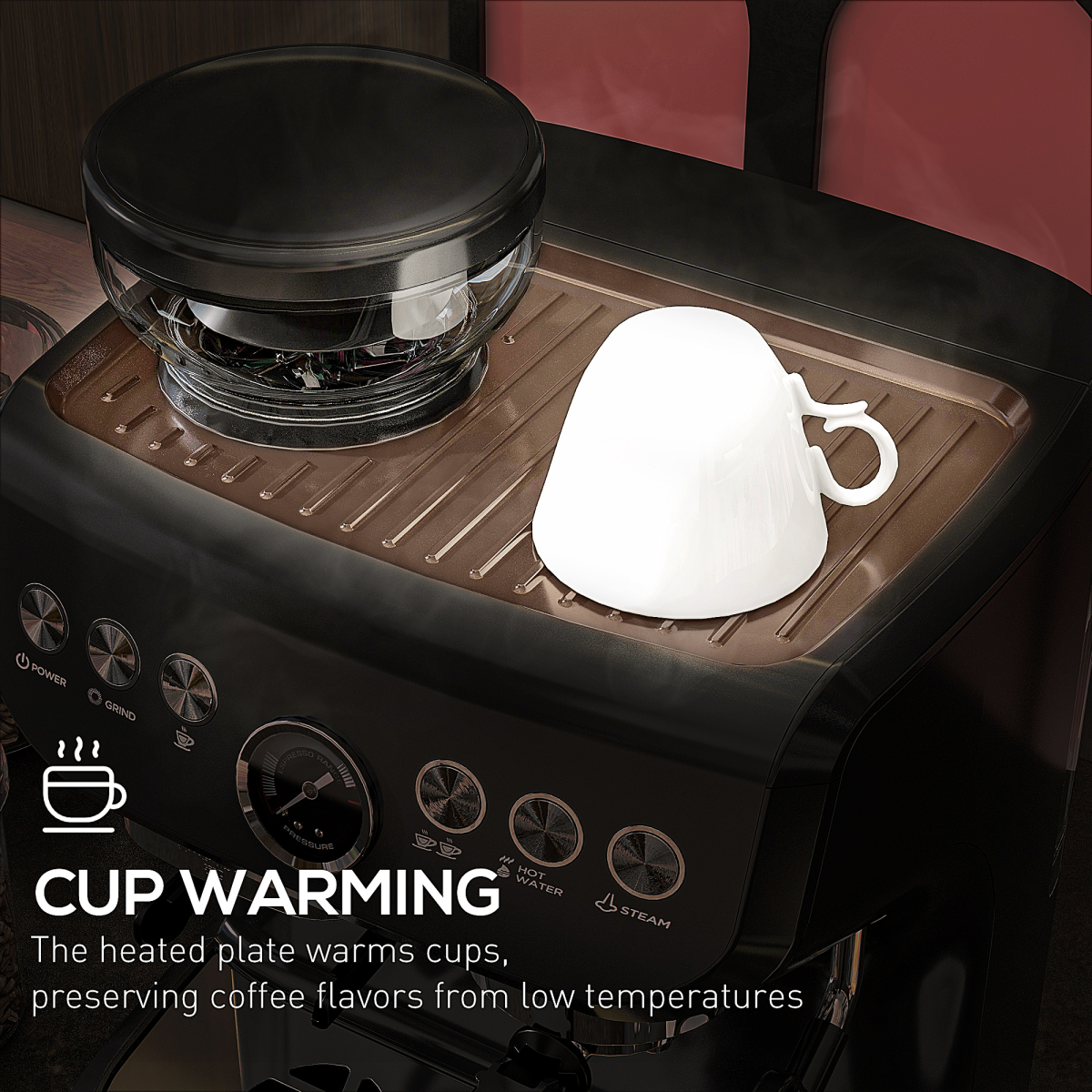 Espresso Coffee Machine with Integrated Bean Grinder & Steam Wand 15 Bar Pressure