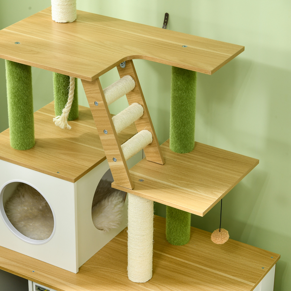PawHut 2 in 1 Hidden Litter Box with Green Leaf Cat Tree, Indoor, Oak