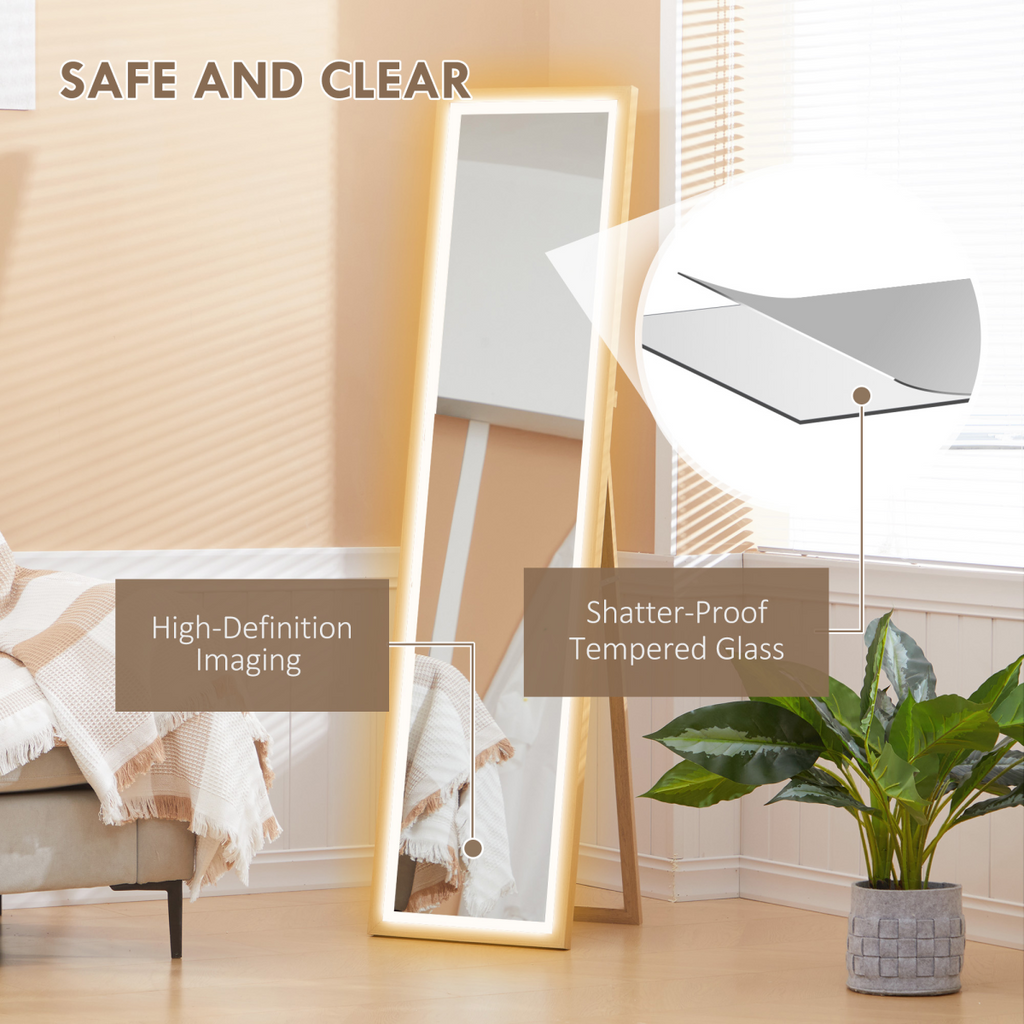 HOMCOM Dimming Full Length Mirror w/ Lights Standing Leaning Wall Mount Oak