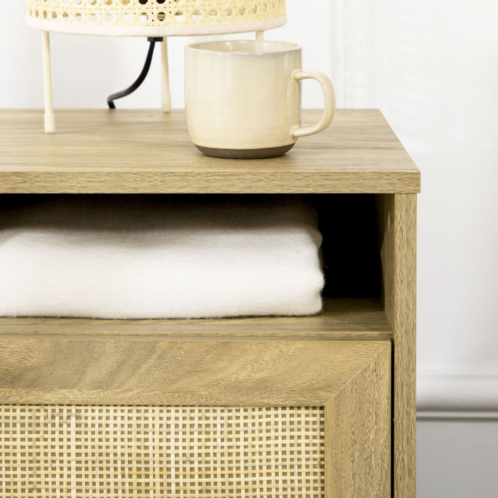HOMCOM Nightstand, Rattan Bedside Table w/ Cabinet, Shelf, Natural