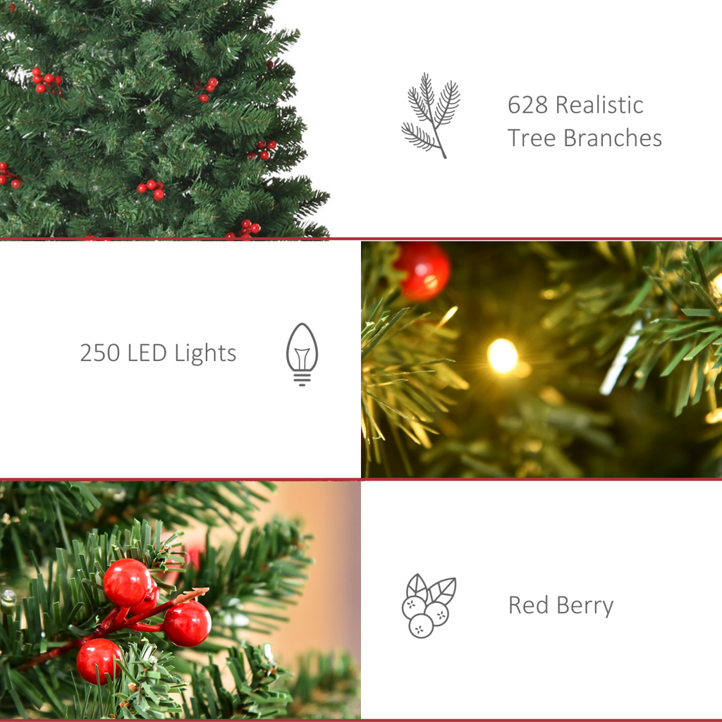 6FT Prelit Artificial Pencil Christmas Tree Warm White LED Red Berry Green