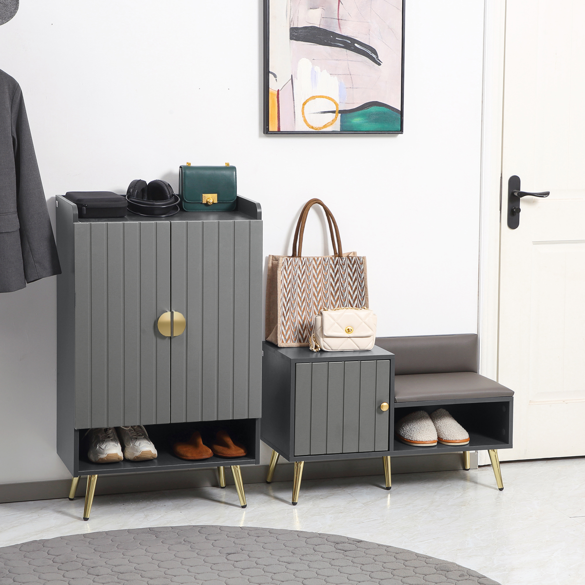 Modern Hallway Shoe Cupboard w/ Open Compartment Adjustable Shelf for Entryway