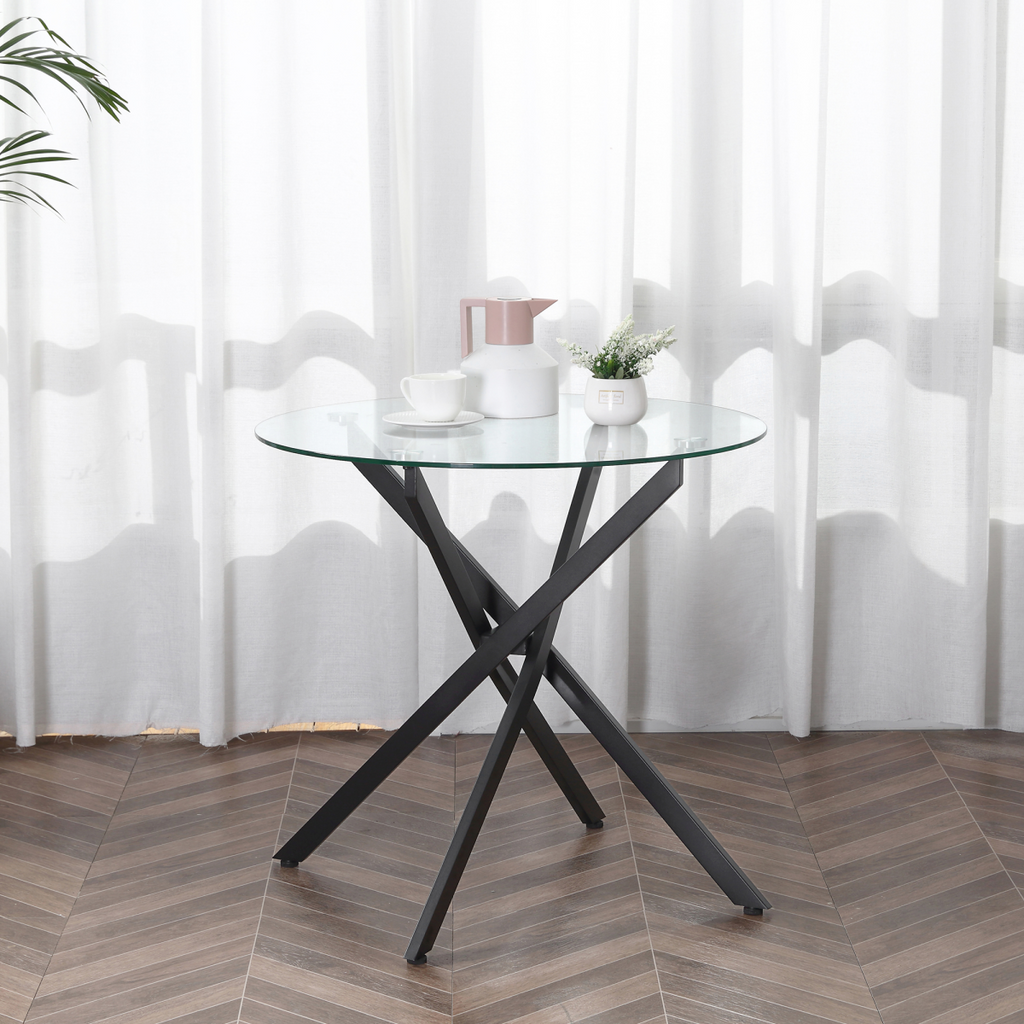 HOMCOM Clear Glass Side Table Round Metal Dining Table Dining Black