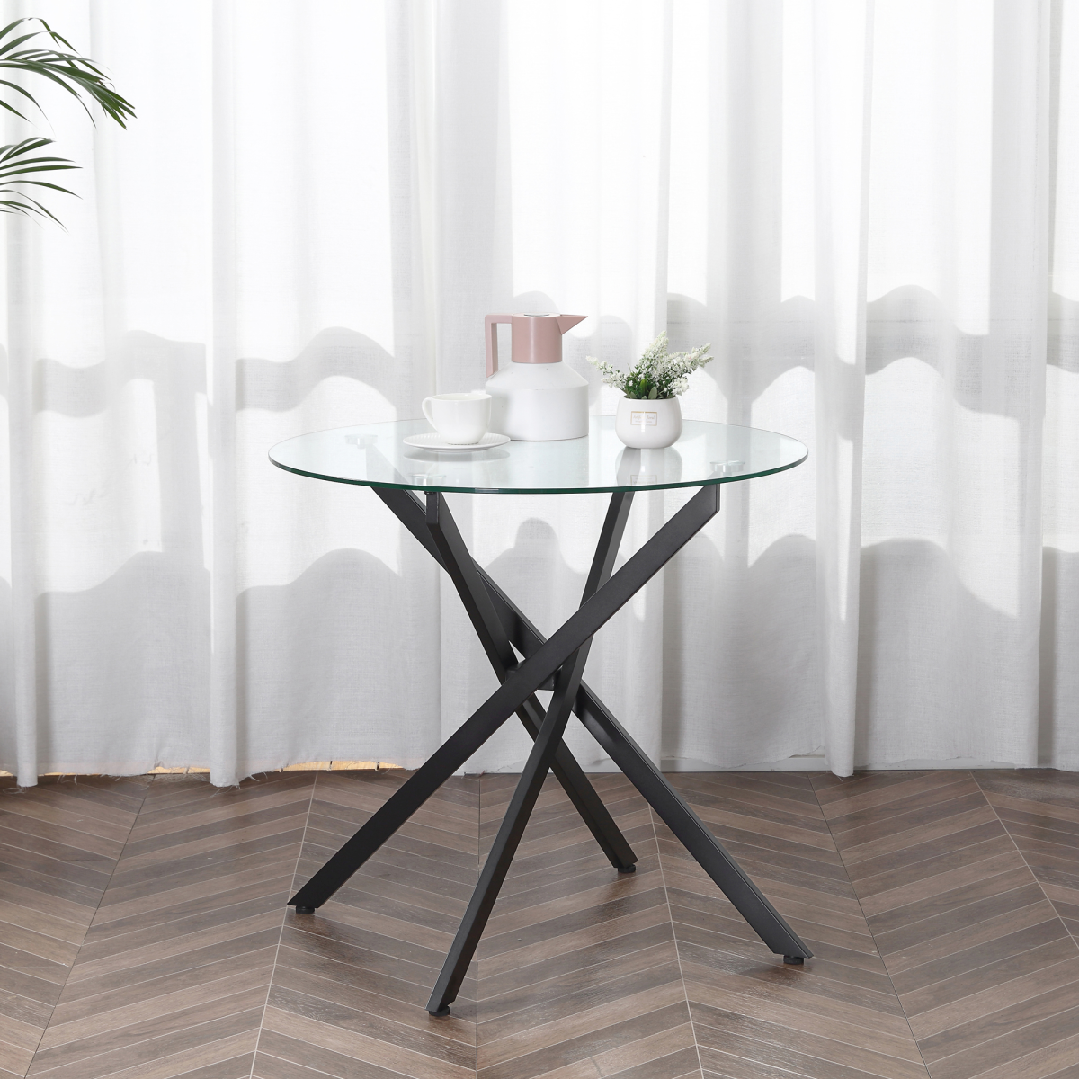 HOMCOM Clear Glass Side Table Round Metal Dining Table Dining Black