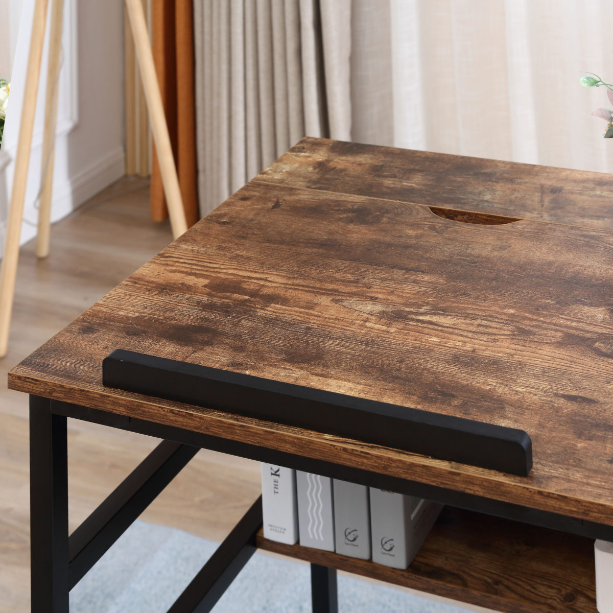 Tiltable Drafting Table Home Office Computer Desk  Shelf, Rustic Brown