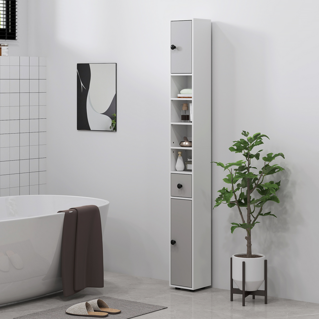 kleankin Slim Bathroom Cabinet, Toilet Roll Storage w/ Shelves, Light Grey