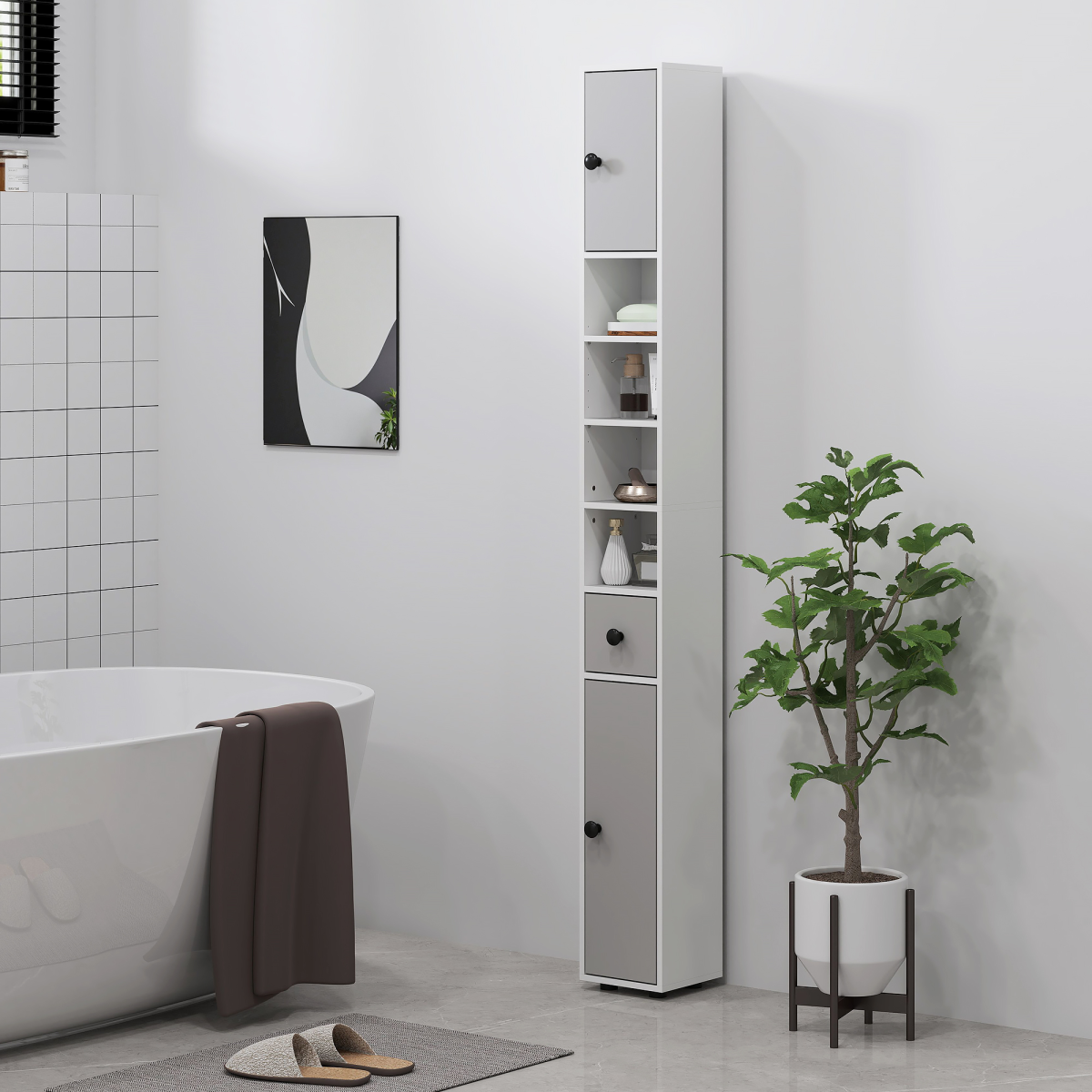 kleankin Slim Bathroom Cabinet, Toilet Roll Storage w/ Shelves, Light Grey