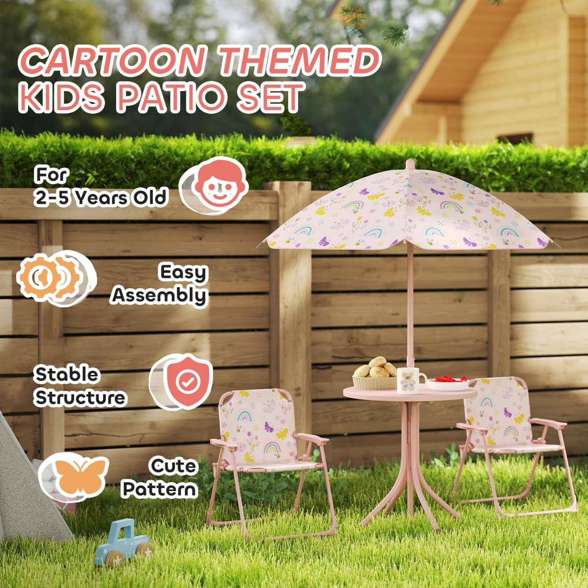AIYAPLAY Kids Garden Table and Chair Set, Outdoor Patio Set w/ Parasol, Pink