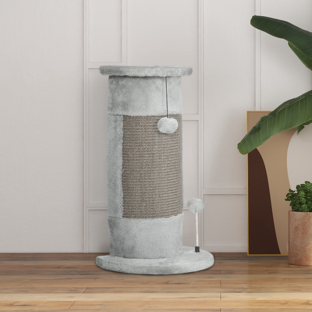 58cm Corner Cat Scratching Post for Wall w/ Covered Plush, Sisal Rope, Toy Balls