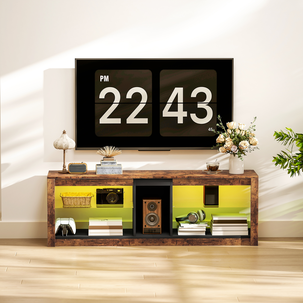 HOMCOM TV Stand, Entertainment Centre with LED Lights, Rustic Brown