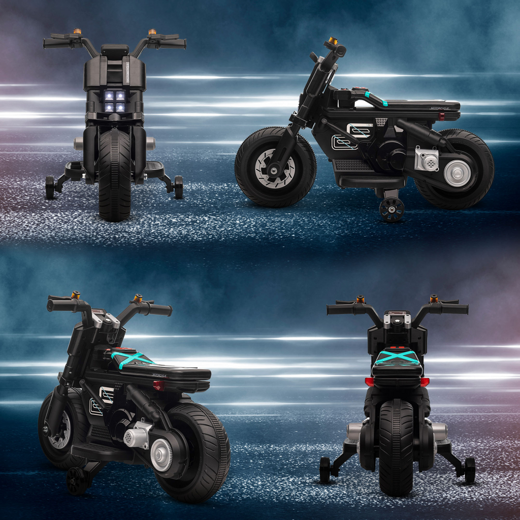 6V Kids Electric Motorbike with Training Wheels, for 3-5 Years - Black