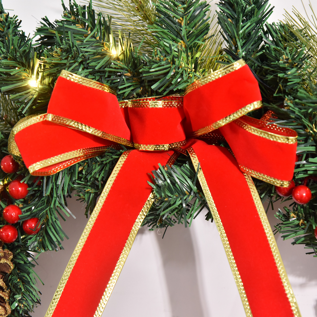 60cm Pre-Lit Artificial Christmas Door Wreath Holly LED Decor Pine Cones Hangin