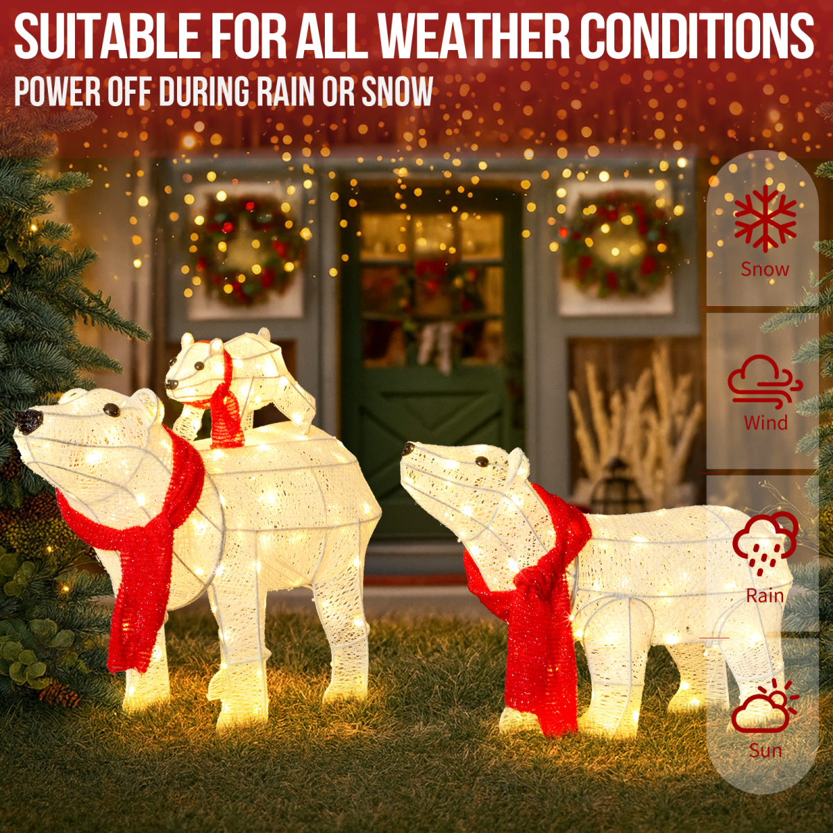 Set of 3 Lighted Polar Bear Family Christmas Decorations