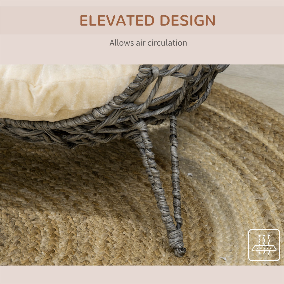 Rattan Elevated Cat House Kitten Bed Pet Furniture w/ Cushion Grey