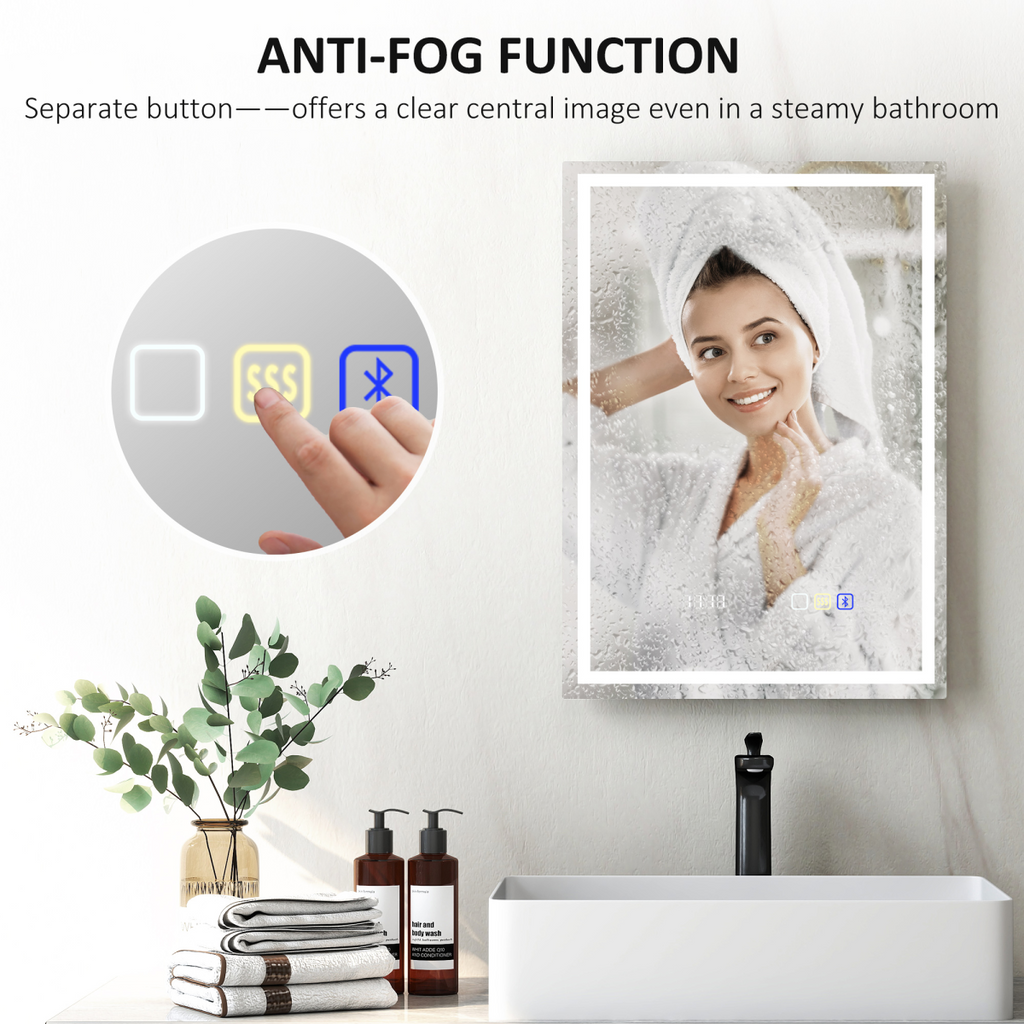 HOMCOM 500 x 700 mm Bathroom Mirror with Bluetooth Clock Lights Demister Pad