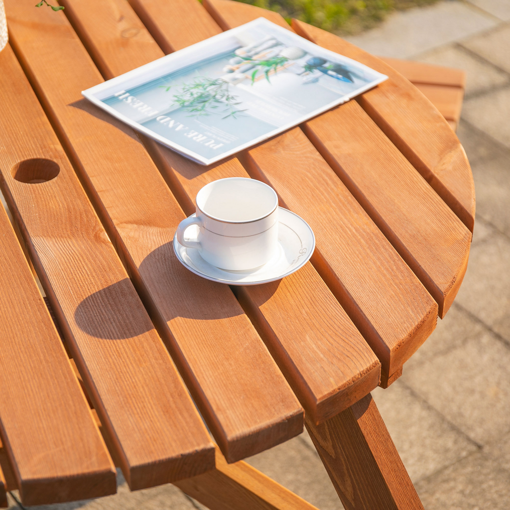 Outsunny Round Table with 3 Attached Benches-Fir Wood