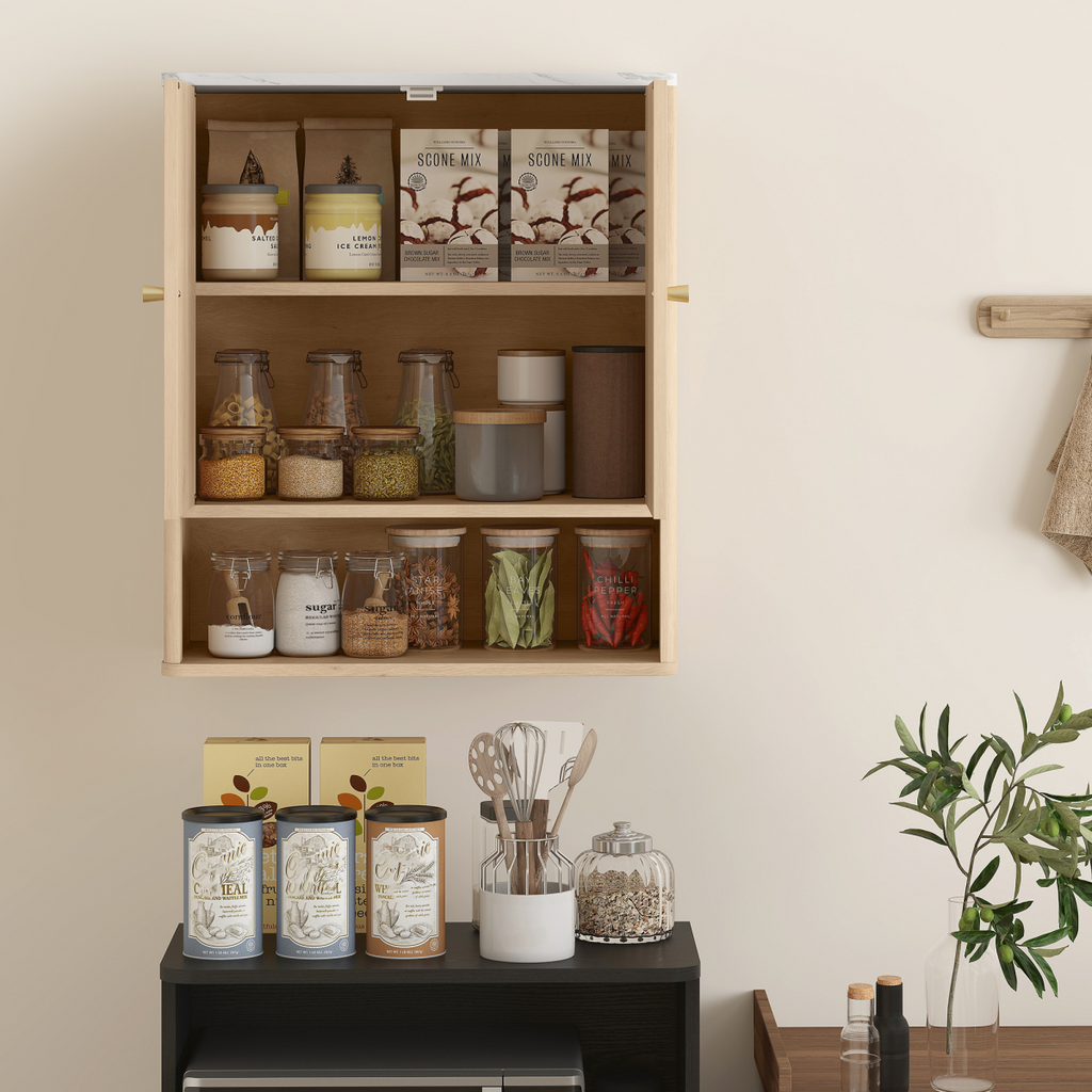 HOMCOM Bathroom Wall Cabinet with Adjustable Shelf and Open Shelf, Oak