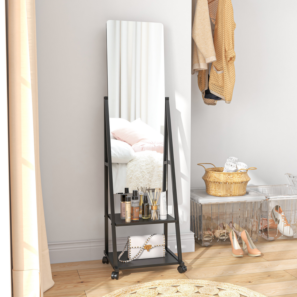 HOMCOM Movable Full Length Mirror Adjustable Full Body Mirror with 2 Shelves