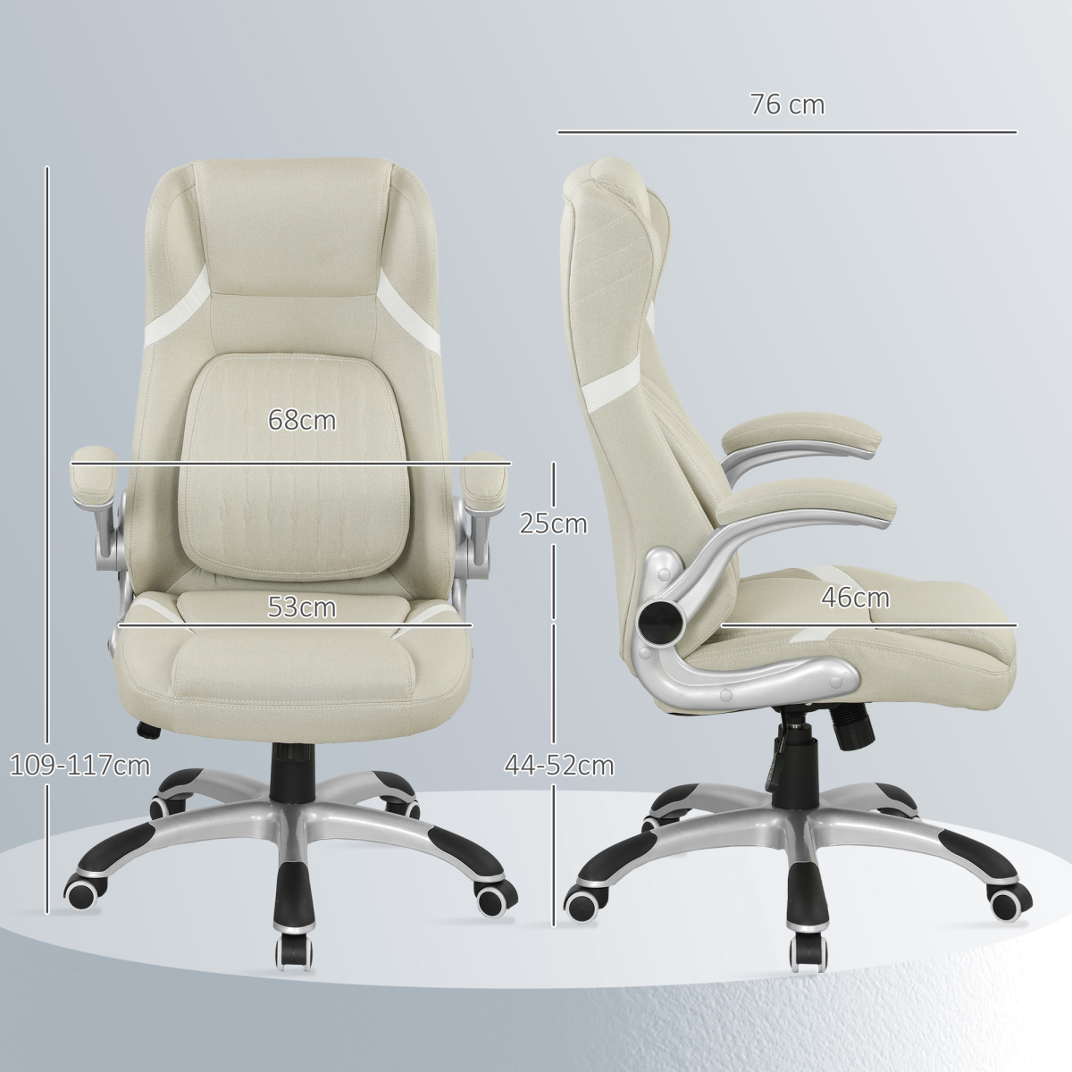 Beige High-Back Linen Office Chair with Flip-Up Arms