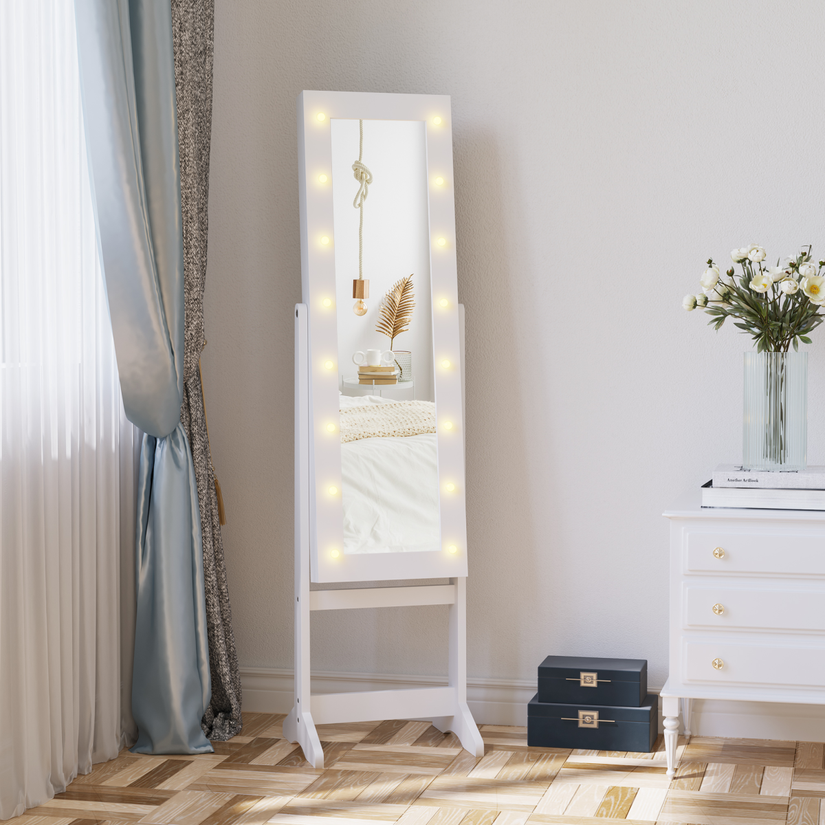 LED Mirrored Jewellery Cabinet, 36Lx30Wx136H cm-White