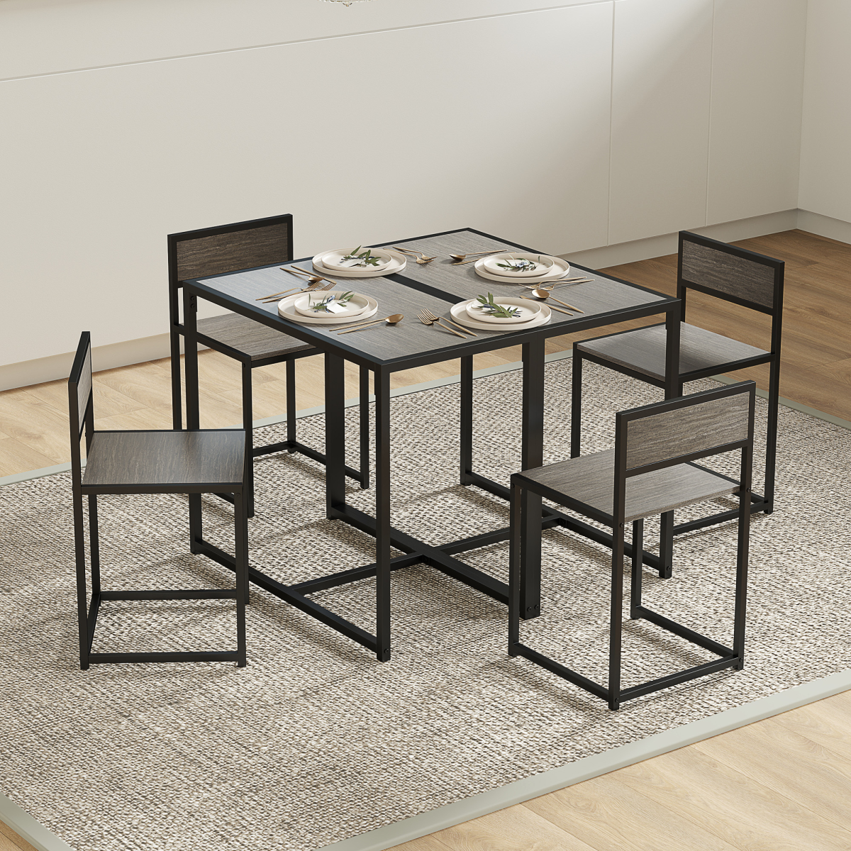 HOMCOM 3 Piece Dining Table Set with Metal Frame Grey Wood-Effect