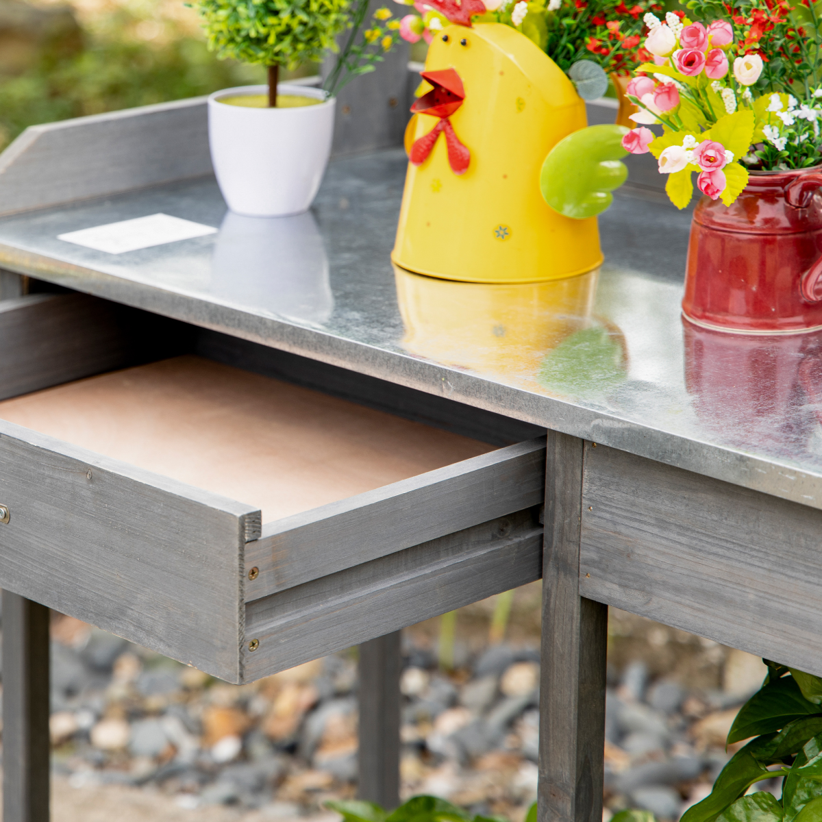 Garden Potting Workstation Bench w/ Galvanized Metal Tabletop
