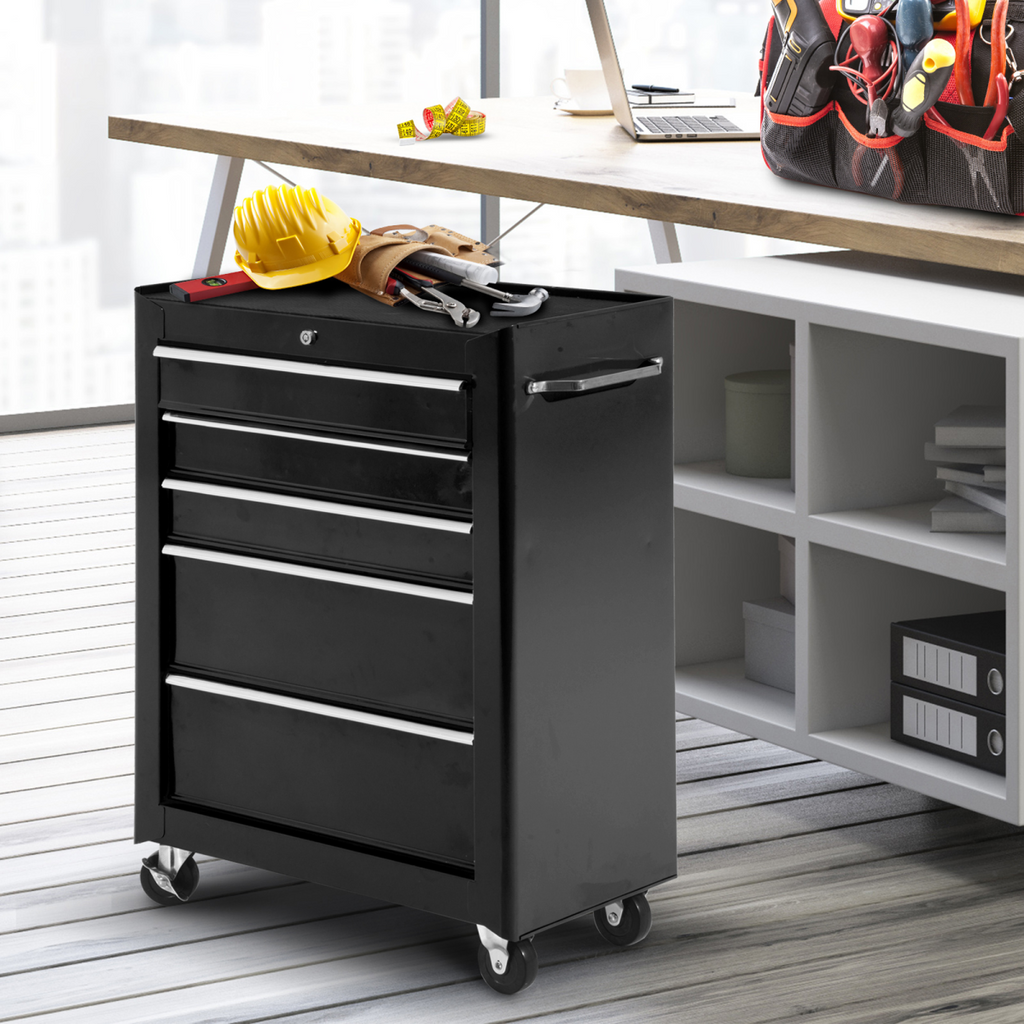 5-Drawer Lockable Steel Tool Storage Cabinet w/ Wheels Handle 2 Keys Black