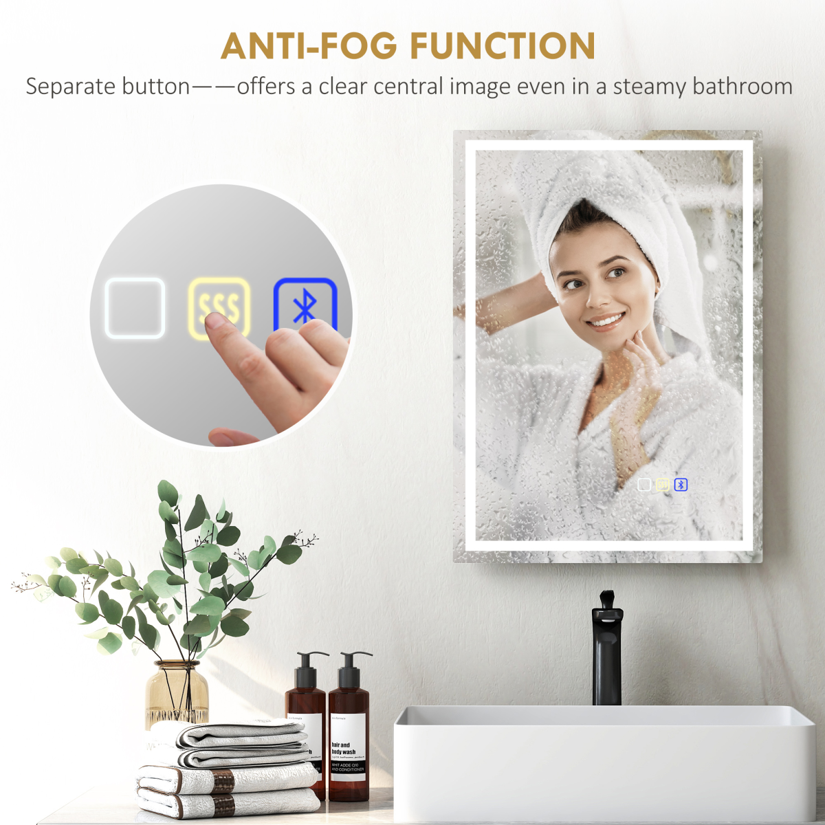 HOMCOM 500 x 700 mm Bathroom Mirror with Bluetooth Lights Demister Pad