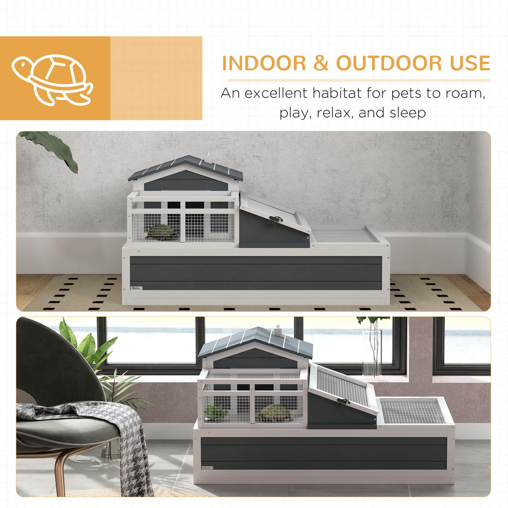 PawHut Wooden Tortoise House Indoor Outdoor w/ Balcony, Tray, Openable Roof