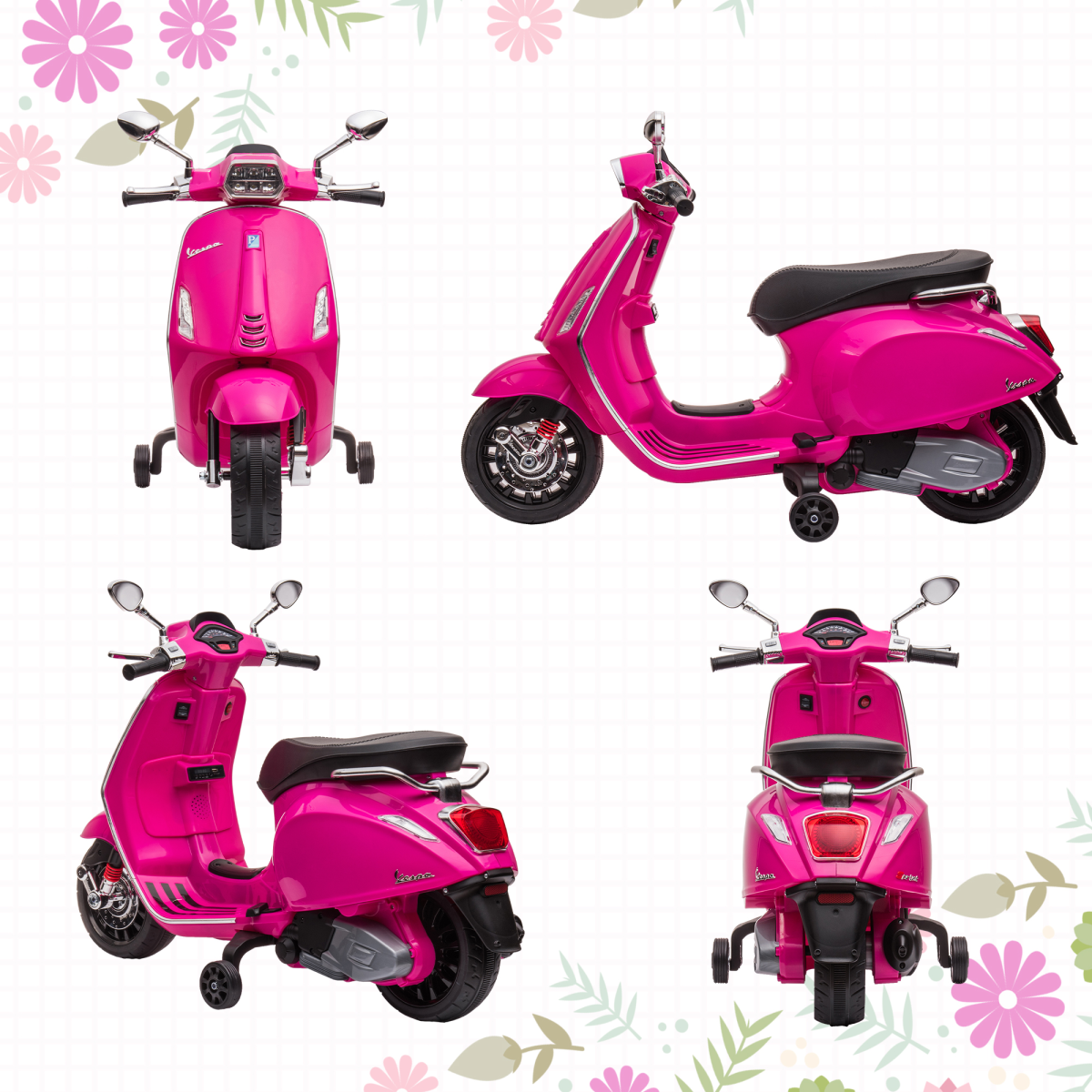 AIYAPLAY Vespa Licensed 12V Kids Electric Motorbike with 2 Training Wheels - Pink