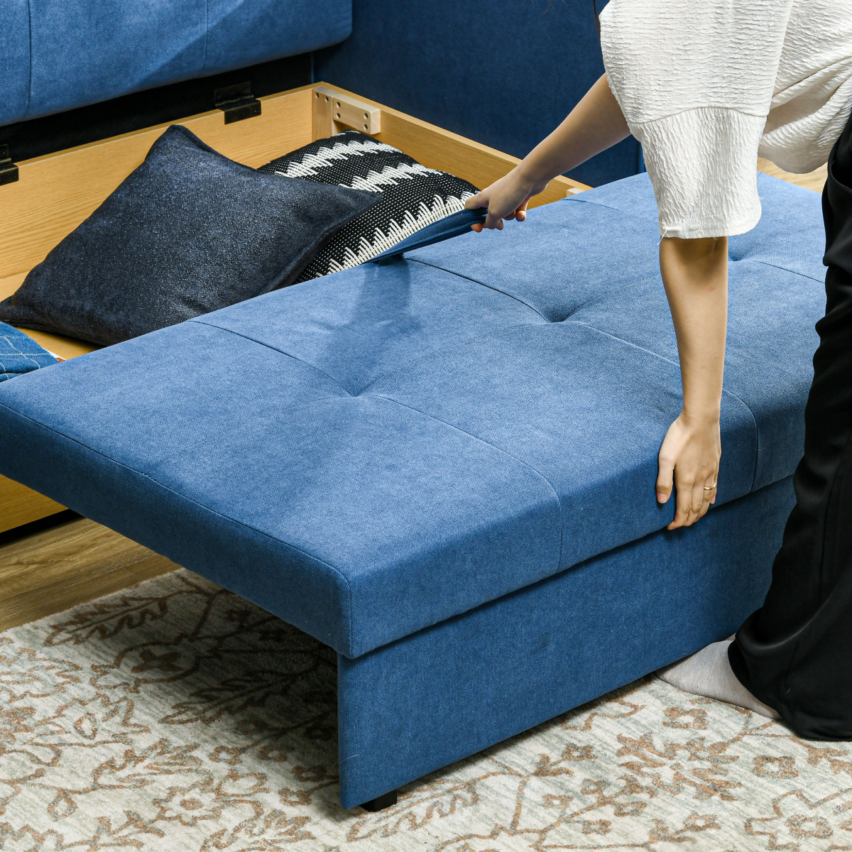 HOMCOM 2 Seater Sofa Bed Convertible Bed Settee w/ 2 Cushions Storage Blue