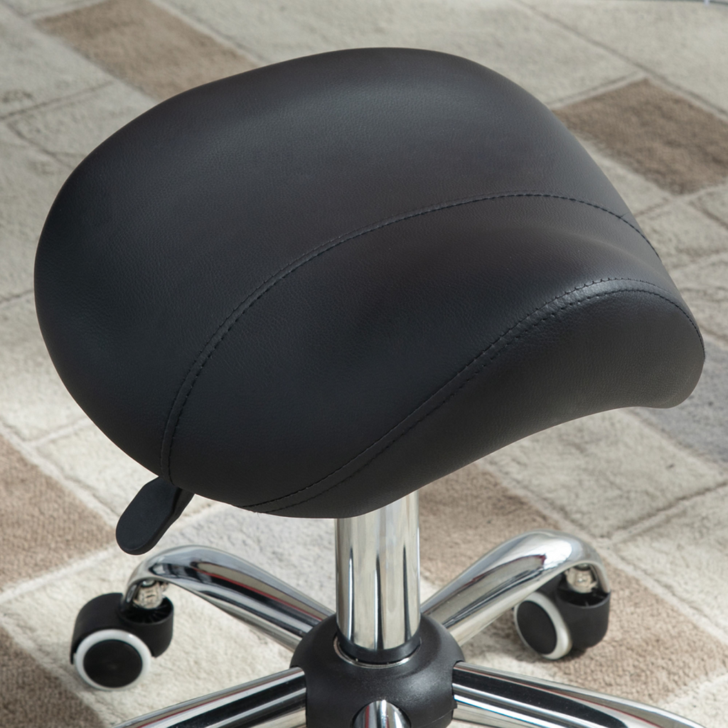 PU Leather Saddle Stool with Moulded Padded Seat Adjustable Height 5 Wheels Black