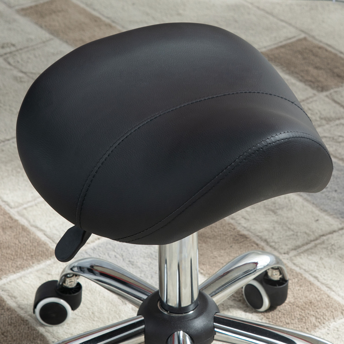 PU Leather Saddle Stool with Moulded Padded Seat Adjustable Height 5 Wheels Black