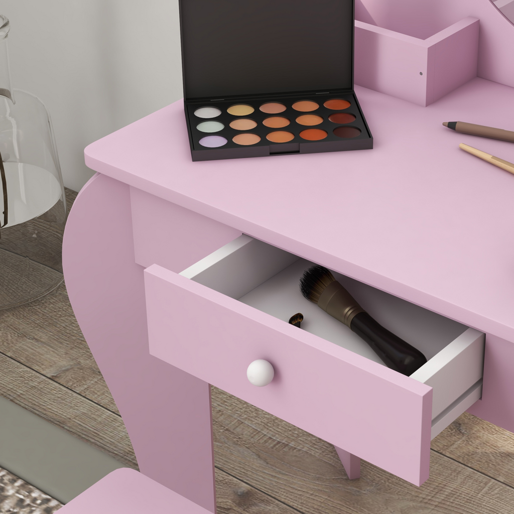 ZONEKIZ Kids Dressing Table Cat Design with Mirror Stool, Drawer, Storage Boxes