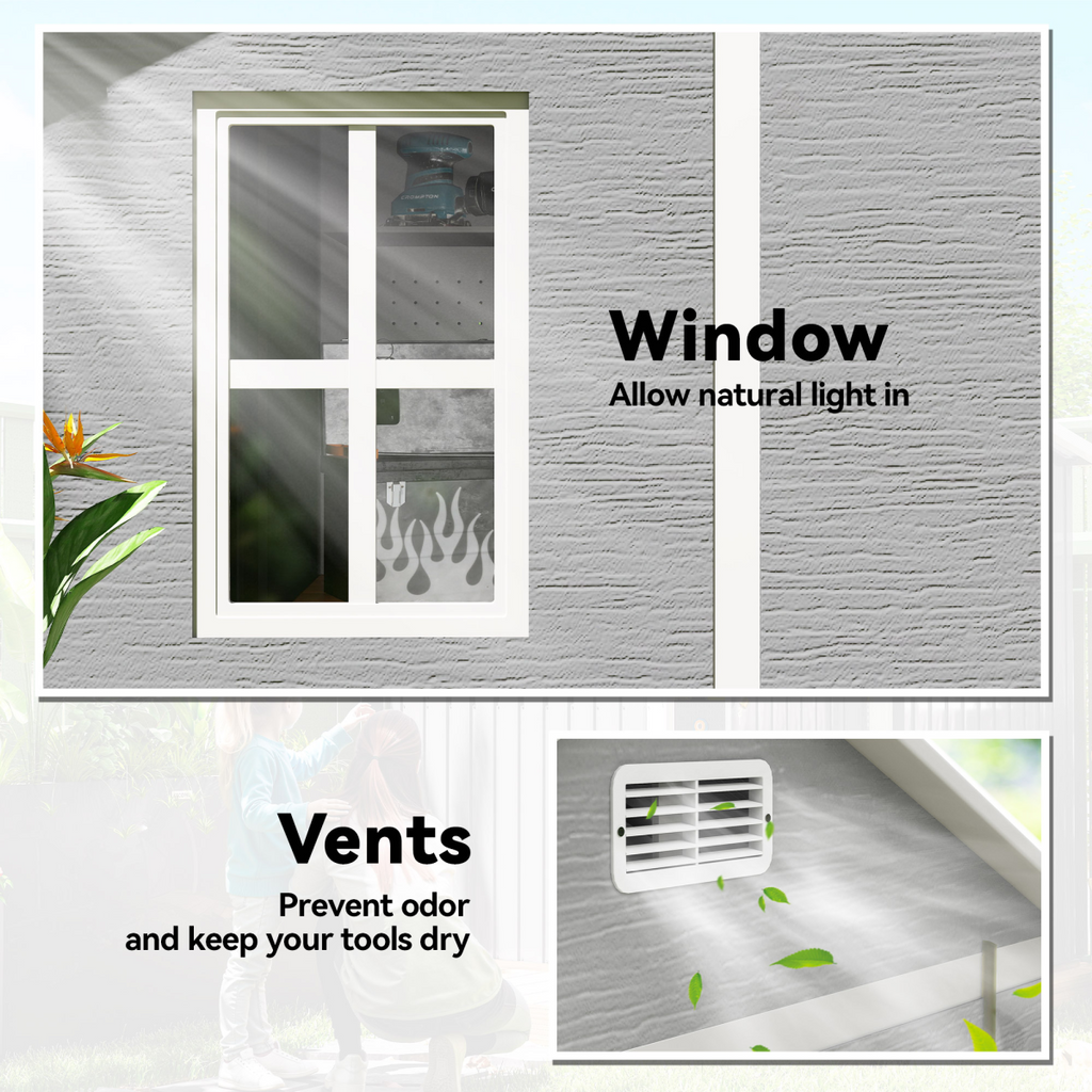 Outsunny 6 x 6ft Plastic Garden Shed with Floor, Window, Vents, Grey