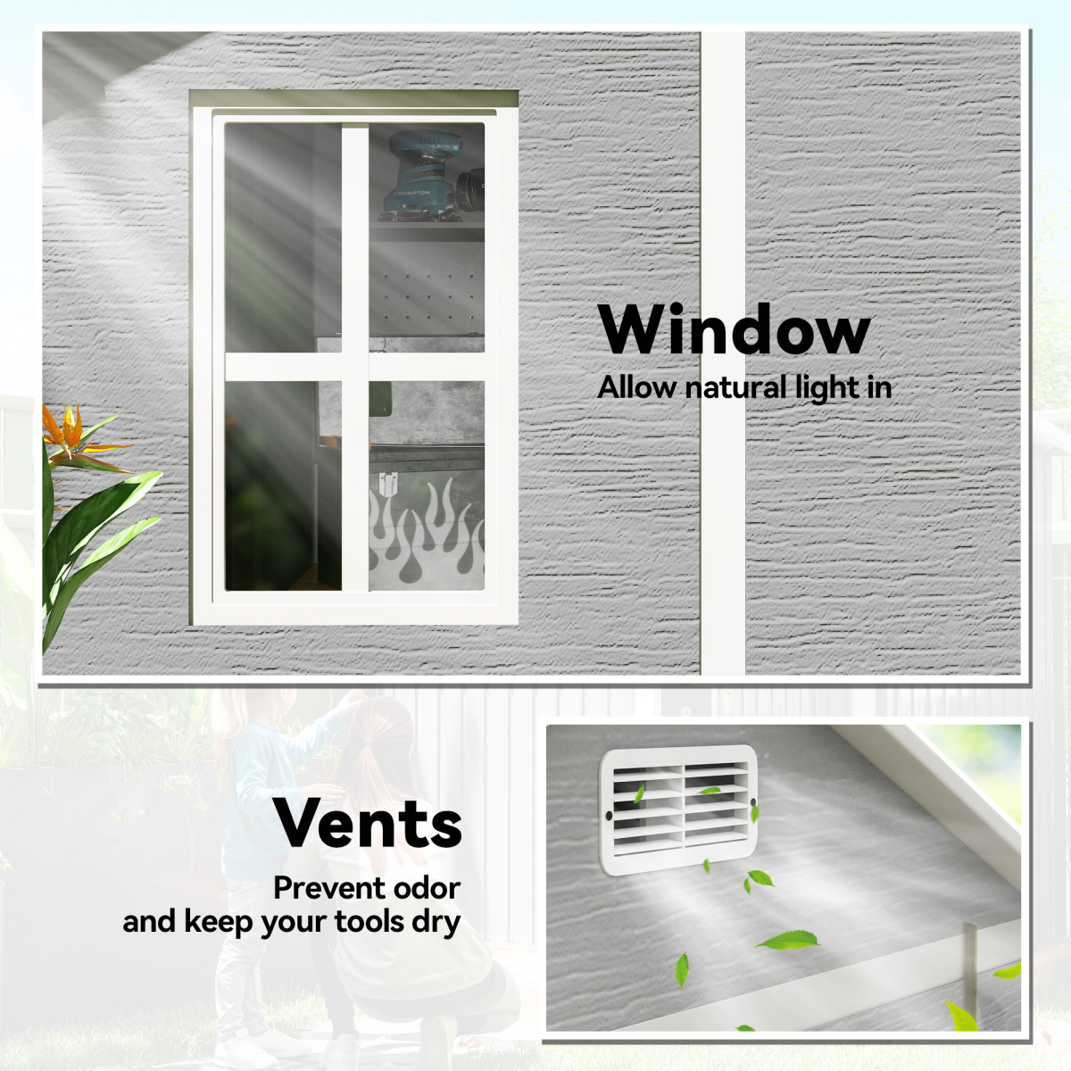 Outsunny 6 x 6ft Plastic Garden Shed with Floor, Window, Vents, Grey