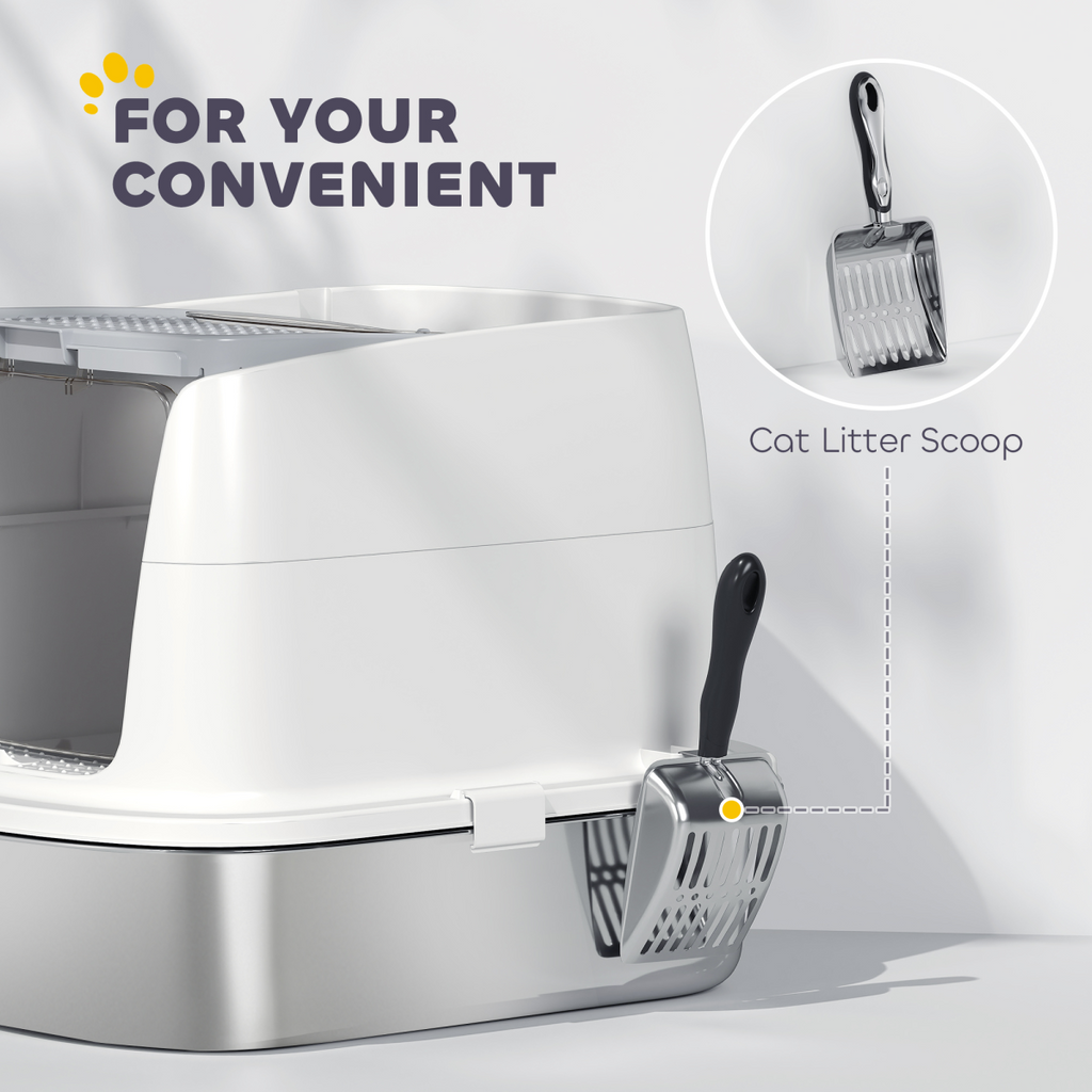 PawHut Stainless Steel Litter Box, Enclosed Metal Cat Litter Tray with Scoop