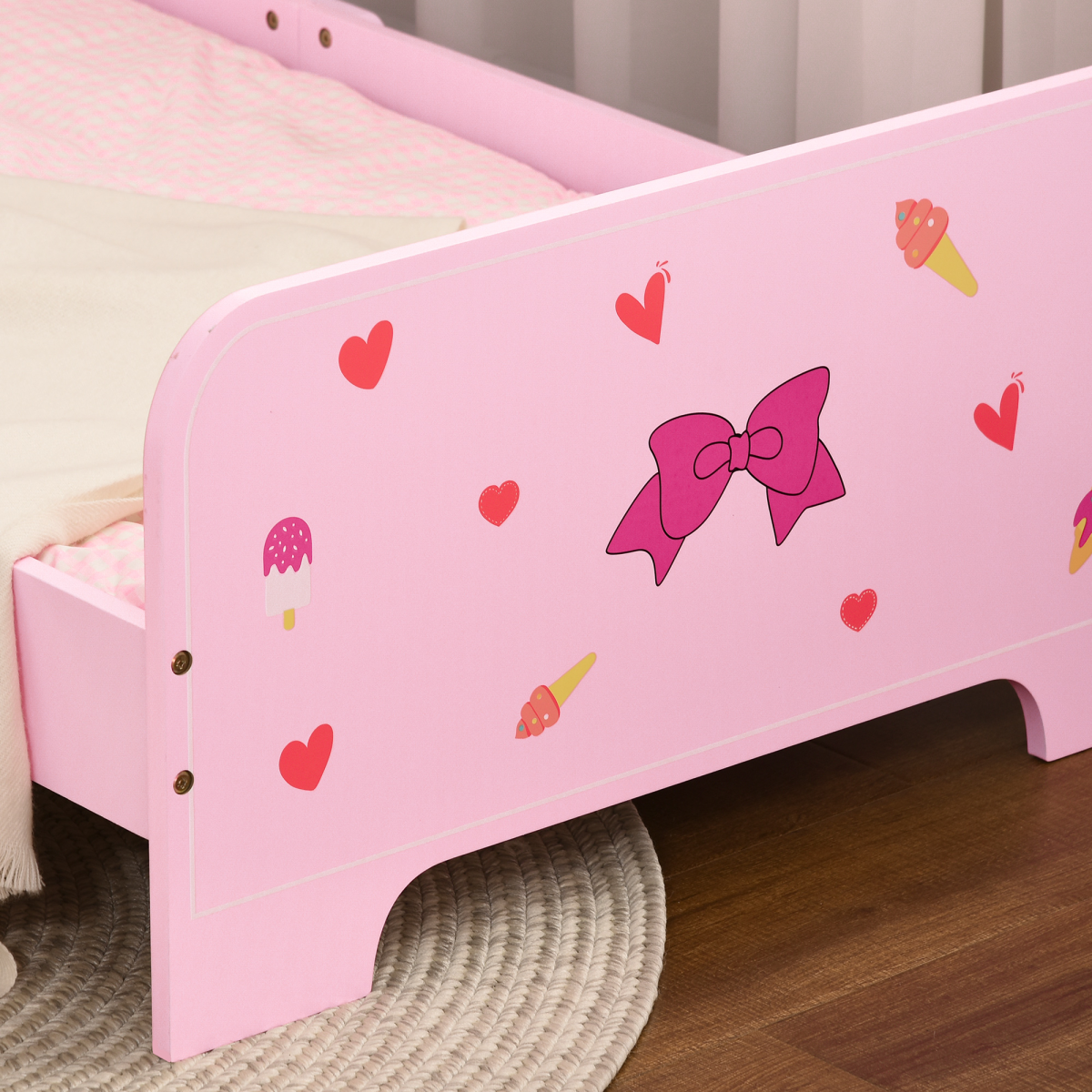 Princess-Themed Kids Toddler Bed with Cute Patterns, Safety Rails - Pink