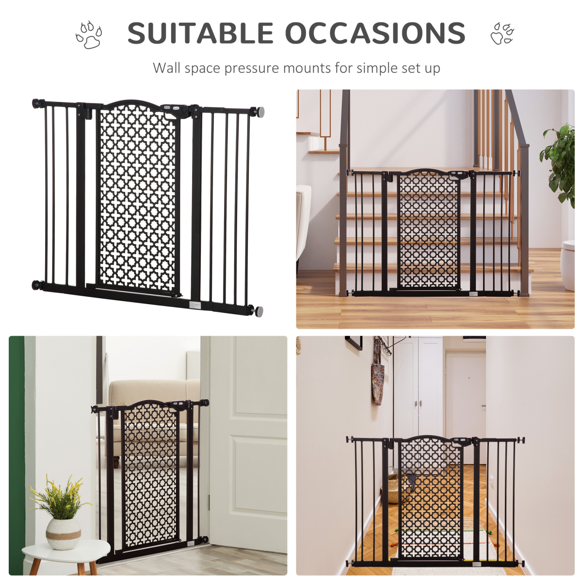74-105 cm Pet Safety Gate Pressure Fit Stair with Double Locking, Black Pawhut