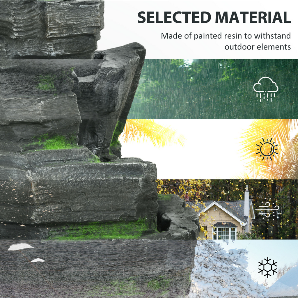 Outsunny Garden Fountain, Outdoor Water Feature With LED Light, Dark Grey