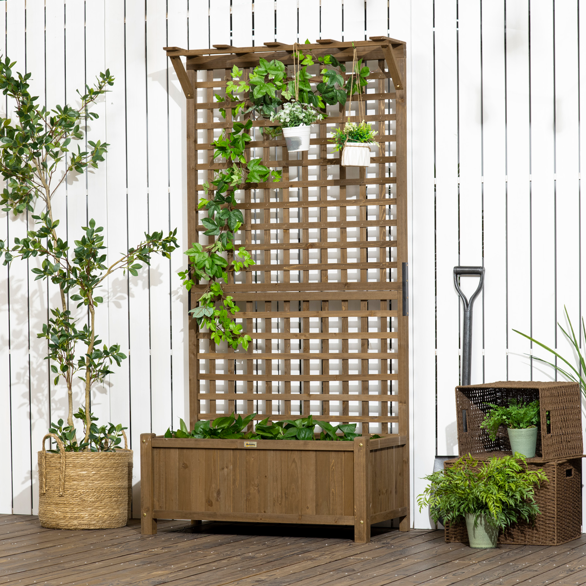Wooden Trellis Planter with Drain Holes, Privacy Screen Raised Beds for Garden