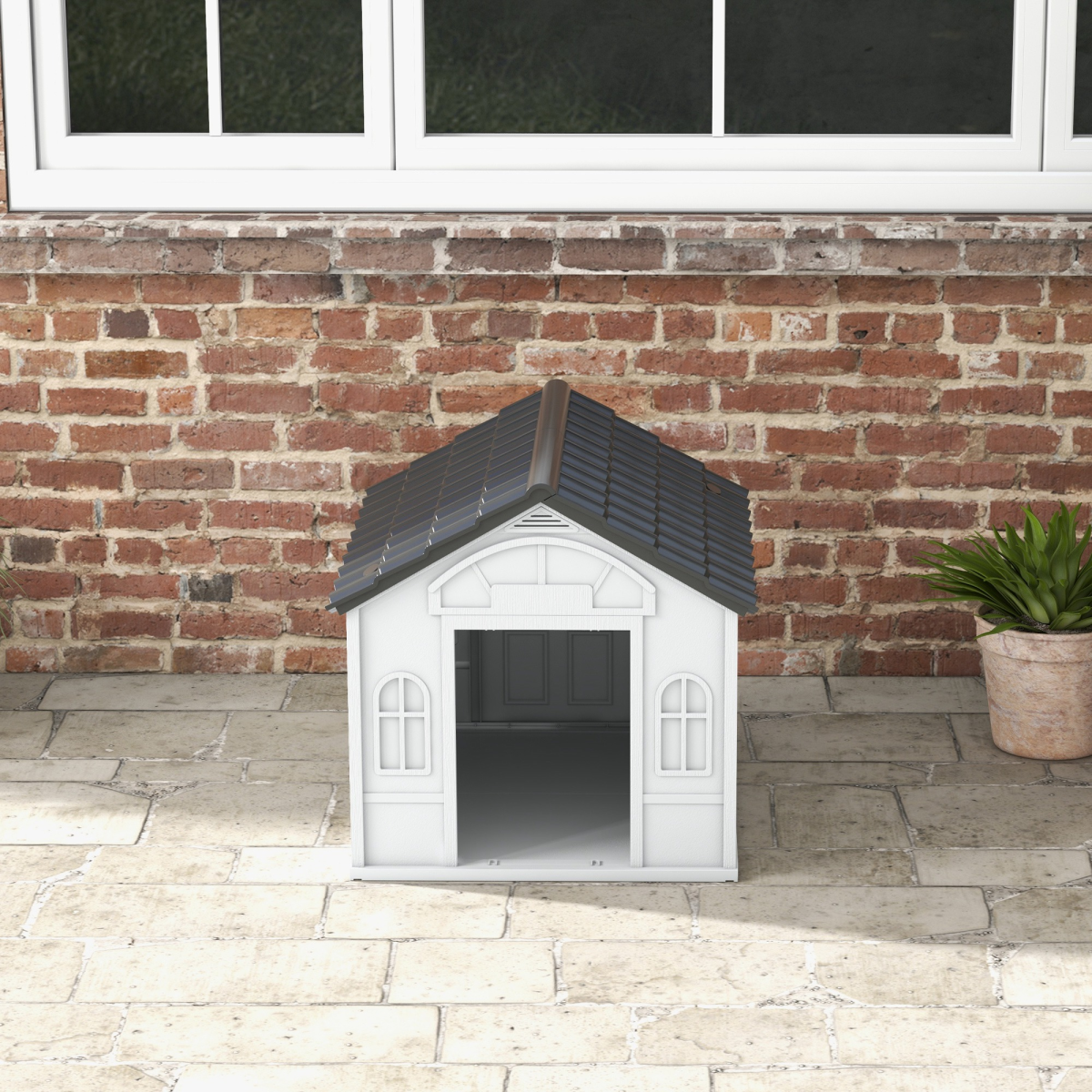 PawHut Weather-Resistant Dog House, Puppy Shelter for Medium Dogs - Grey