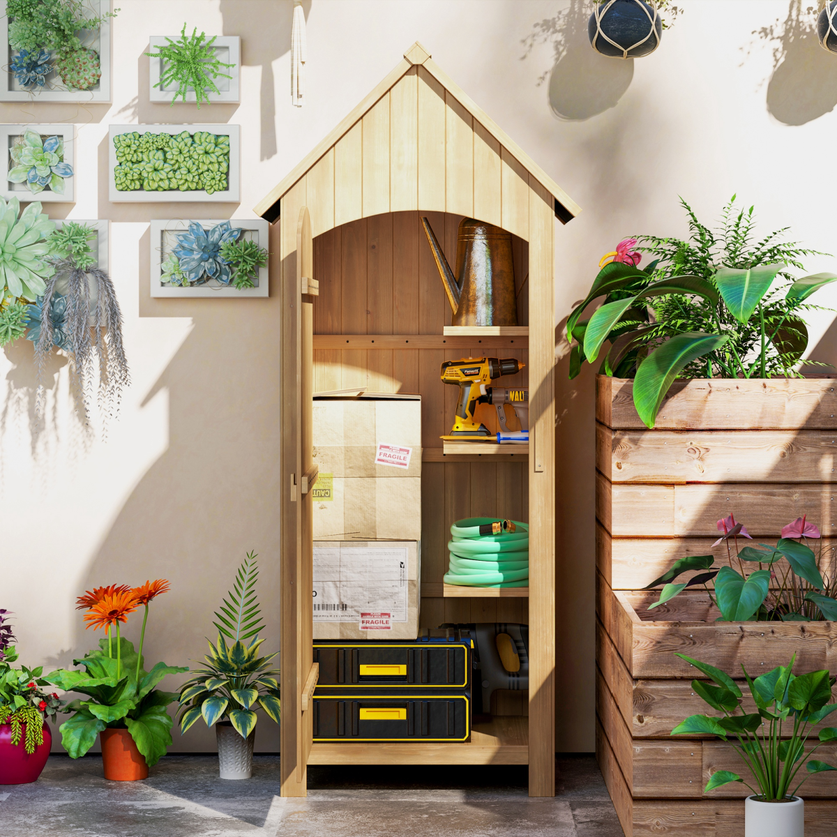 Outsunny Wooden Small Garden Shed with 3 Shelves and Tilt Roof