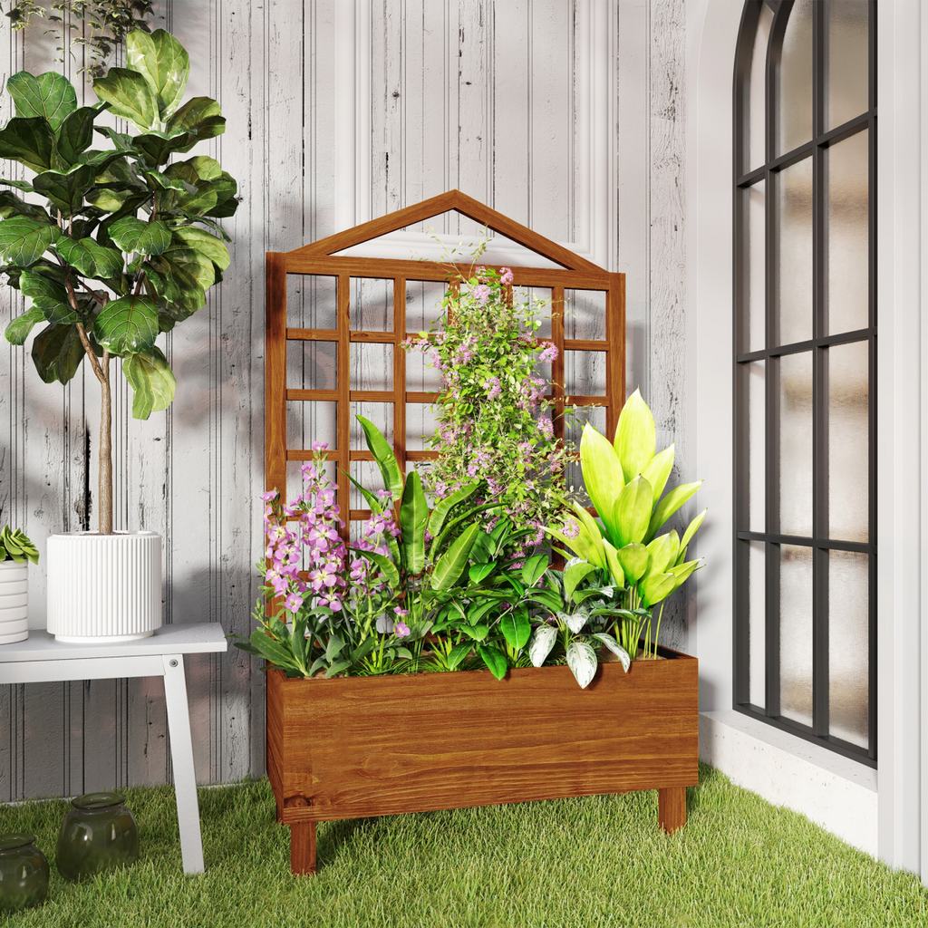 Outsunny Wooden Garden Planters with Trellis for Vine Climbing Plants Brown