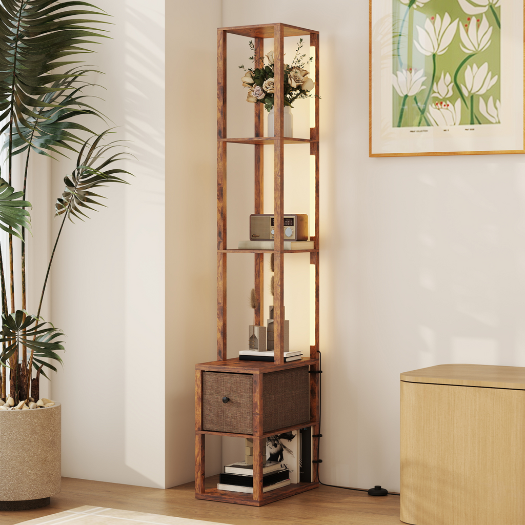 Rustic Brown LED Floor Lamp with Shelves & Drawer