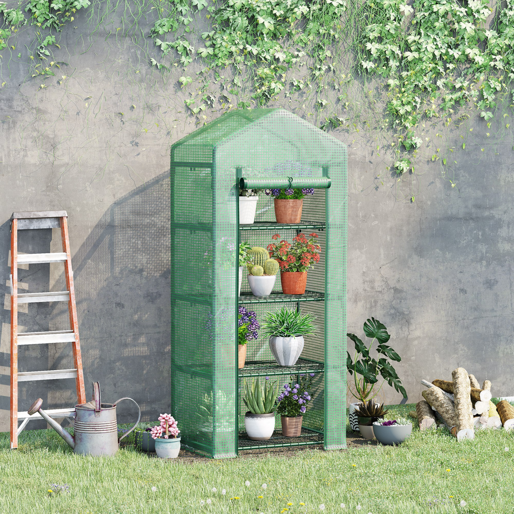 4-Tier Mini Greenhouse with Dark Green PE Cover – 160cm