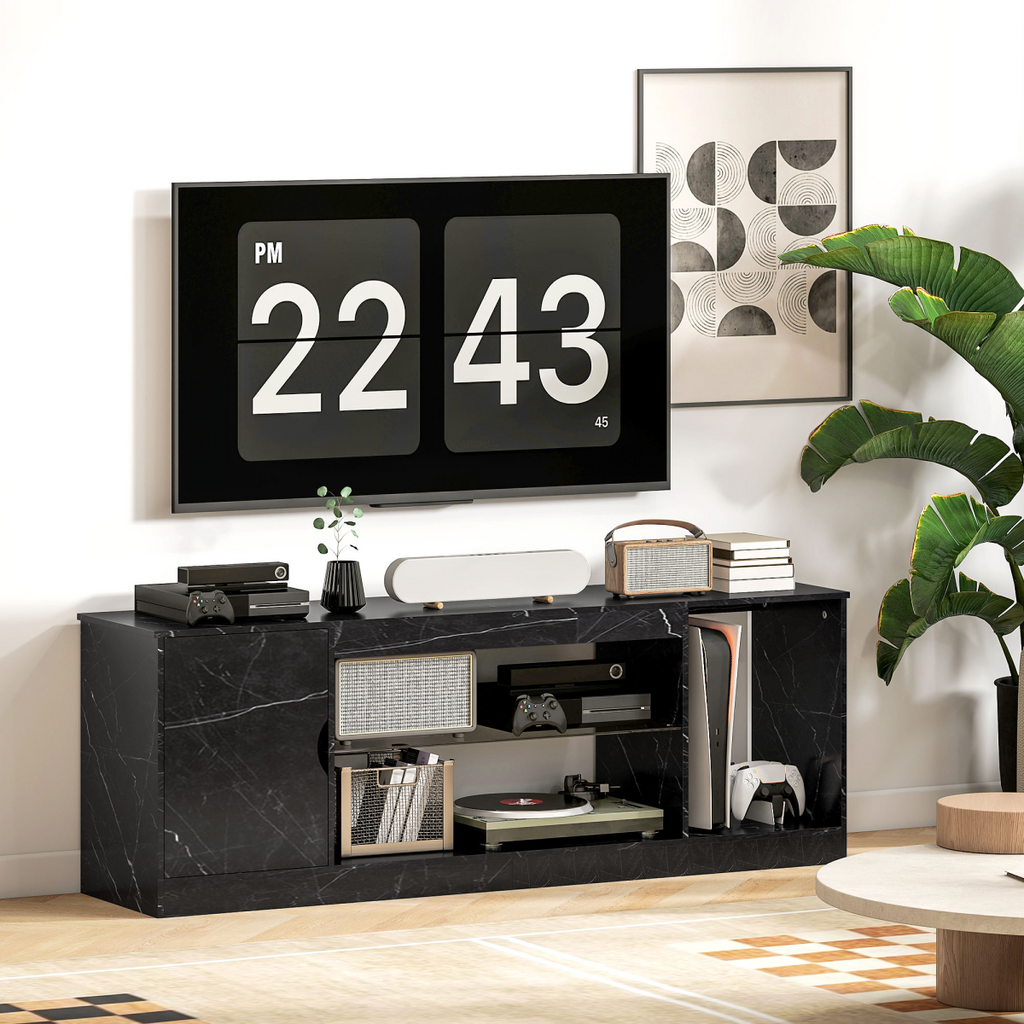 HOMCOM Marble Effect TV Stand Cabinet with Glass Shelf for 55 Inch TVs